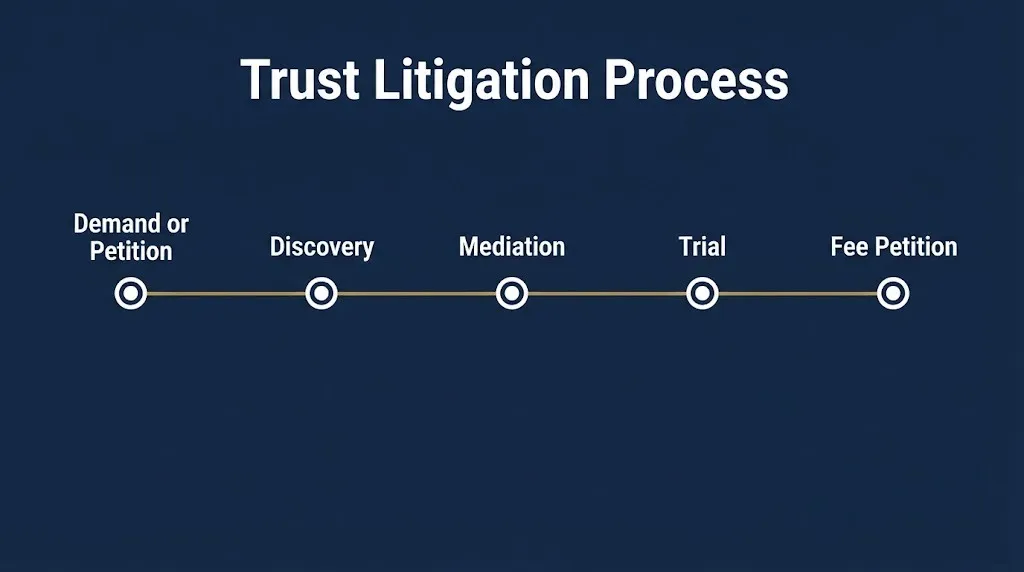 Trust litigation process timeline showing petition, discovery, mediation, trial, and fee petition stages