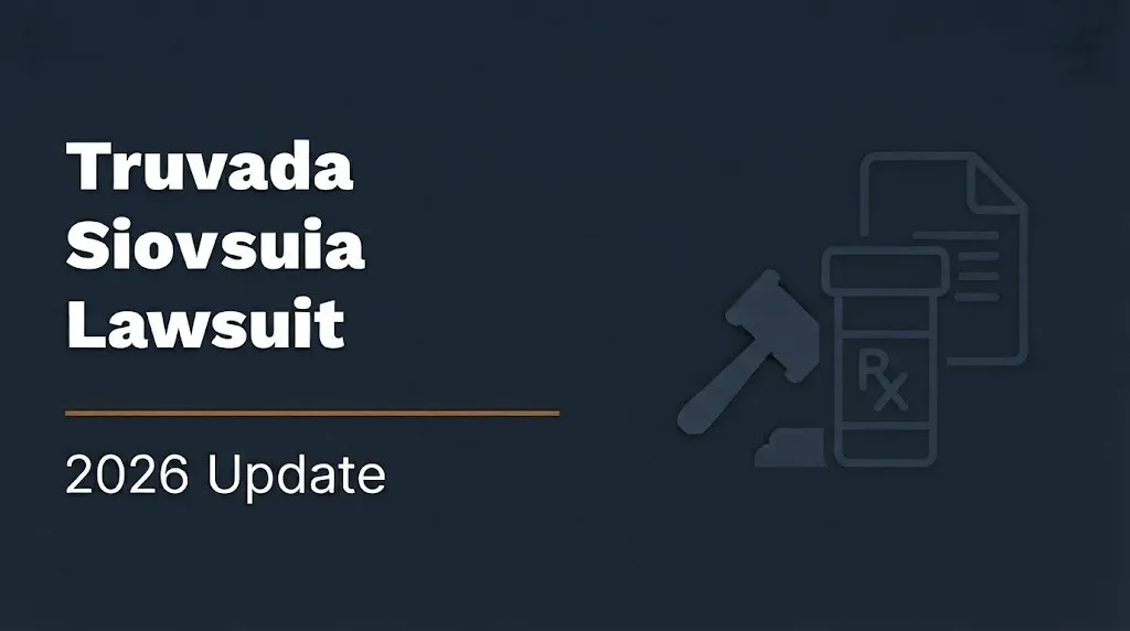 Truvada lawsuit 2026 update banner with gavel and prescription bottle illustration on navy background