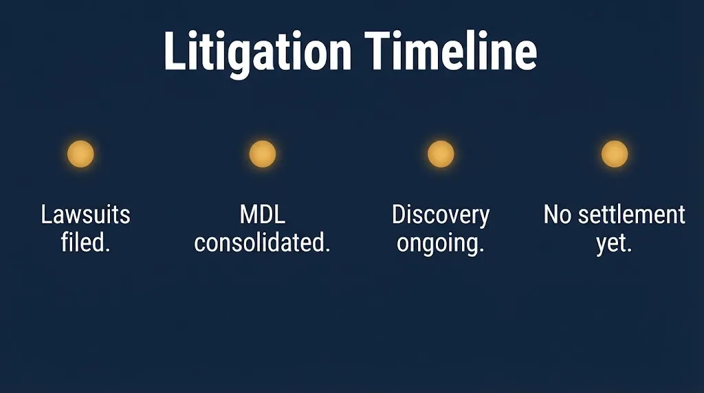 Truvada lawsuit timeline showing filing, consolidation, discovery, and 2026 settlement status on navy infographic
