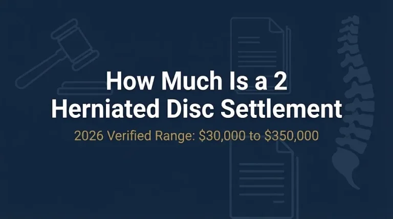 Two herniated disc settlement value 2026 banner showing verified range and legal symbols.
