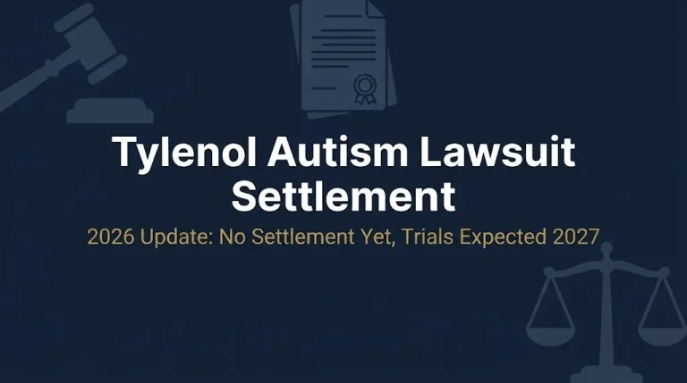 Tylenol autism lawsuit settlement 2026 banner showing no settlement and trials pending.