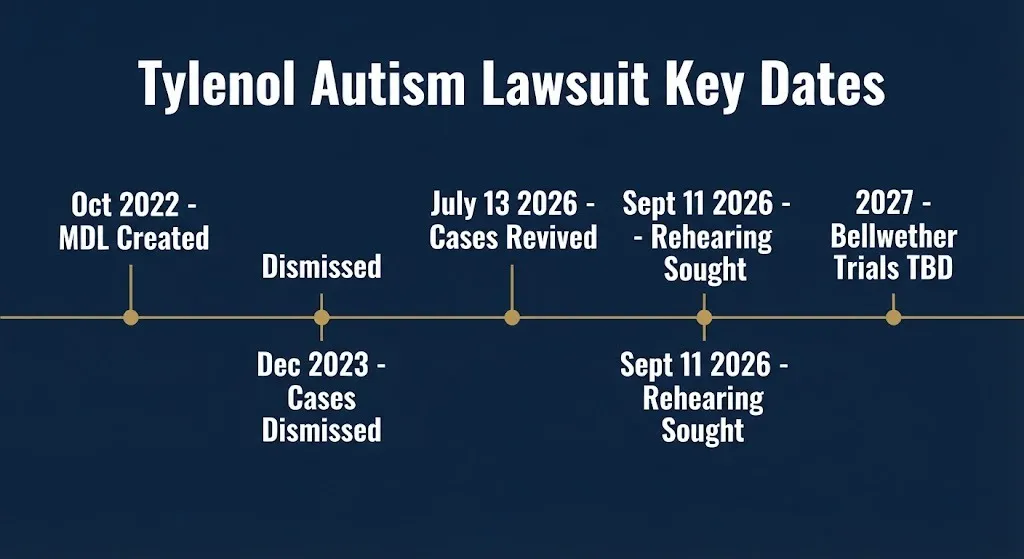 Tylenol autism lawsuit timeline graphic showing key dates from 2022 MDL creation through 2026 revival.