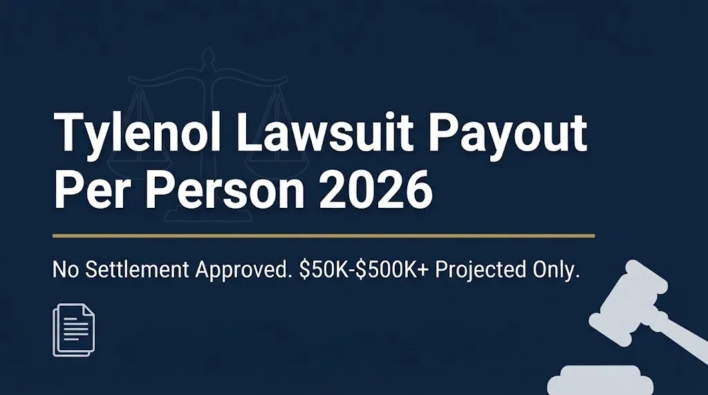 Tylenol lawsuit payout per person 2026 hero banner noting no settlement and projected ranges only.