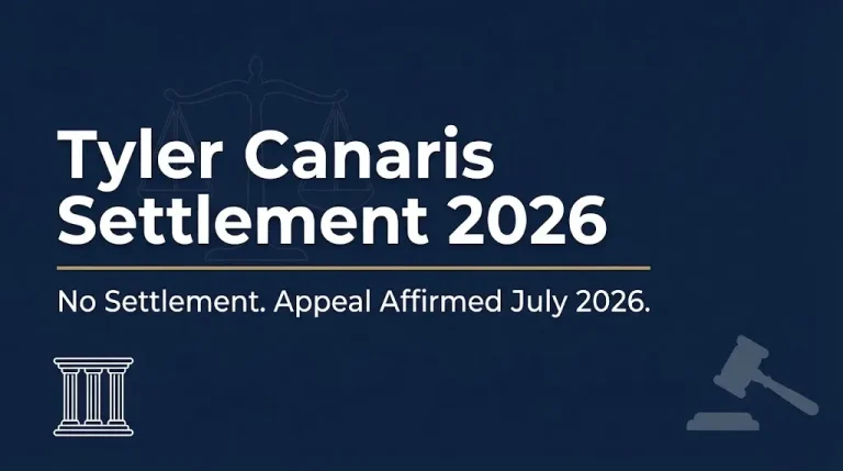 Tyler Canaris settlement 2026 hero banner noting no settlement and appeal affirmed in July 2026.