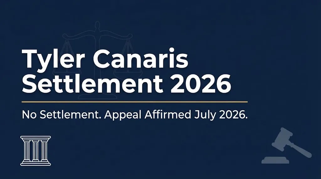 Tyler Canaris settlement 2026 hero banner noting no settlement and appeal affirmed in July 2026.
