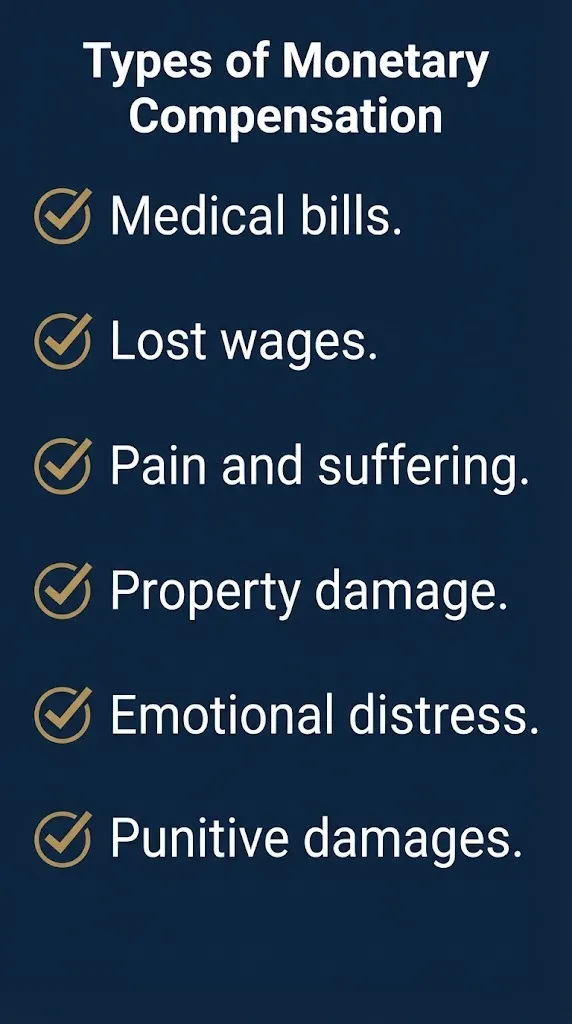 Types of monetary compensation checklist showing medical bills lost wages pain suffering property damage and punitive damages.