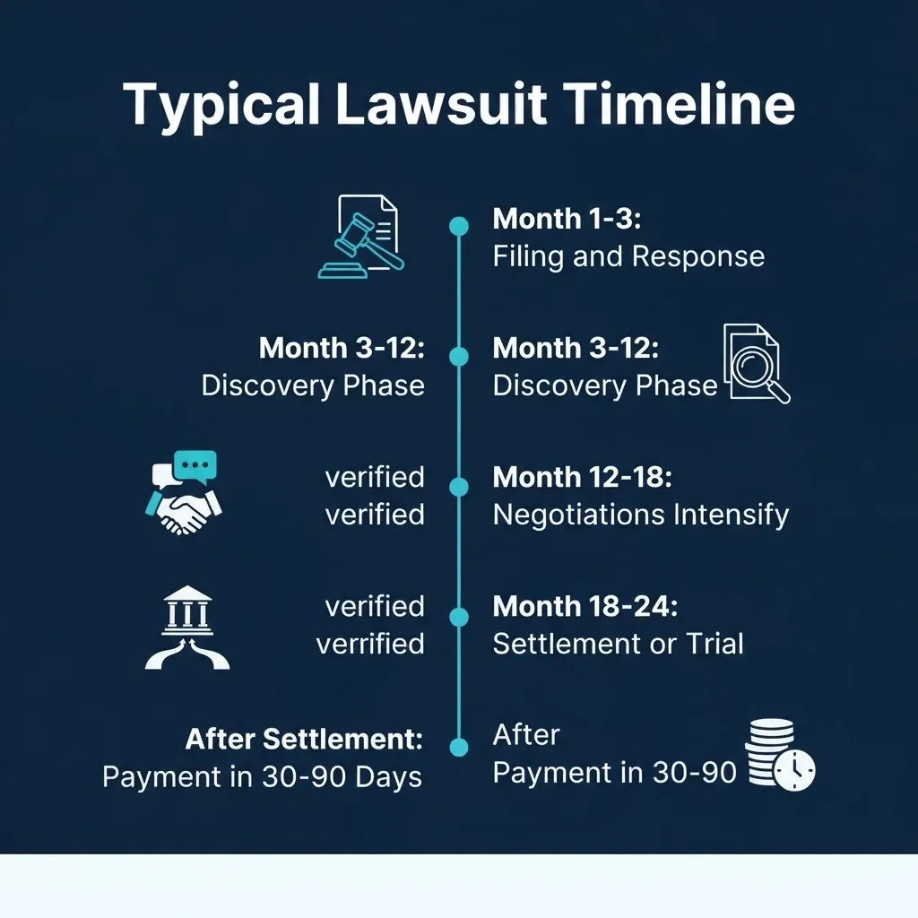 Typical lawsuit settlement timeline showing stages from filing through payment over 12 to 24 months.