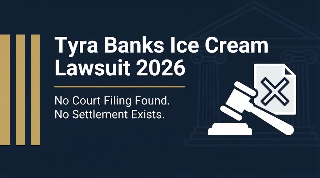 Tyra Banks ice cream lawsuit 2026 banner showing no court filing exists and no settlement found.