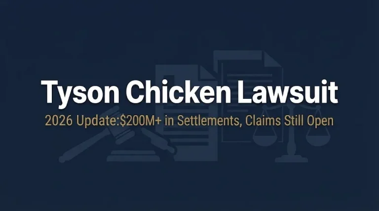 Tyson chicken lawsuit 2026 banner showing over 200 million in settlements.