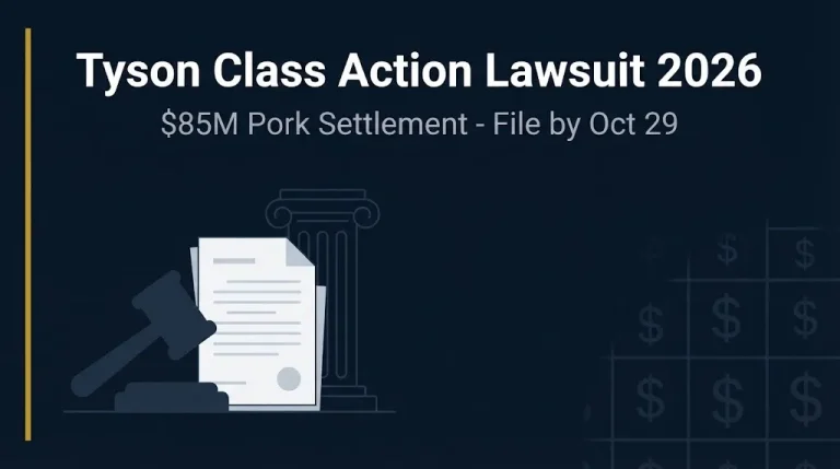 Tyson class action lawsuit 2026 banner showing $85M pork settlement and October 29 claim deadline.