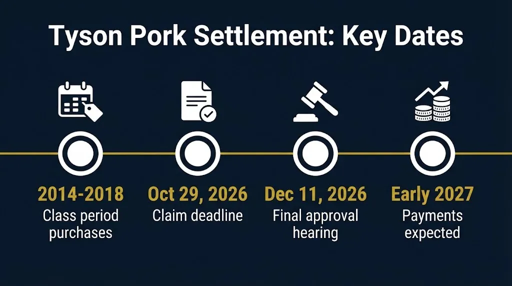 Tyson pork settlement timeline showing class period, October 2026 claim deadline, and 2027 payment expectations.