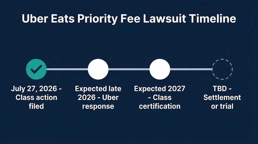 Uber Eats priority fee lawsuit timeline from July 2026 filing through TBD settlement.