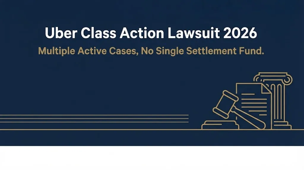 Uber class action lawsuit 2026 banner showing multiple active cases and no single settlement fund.