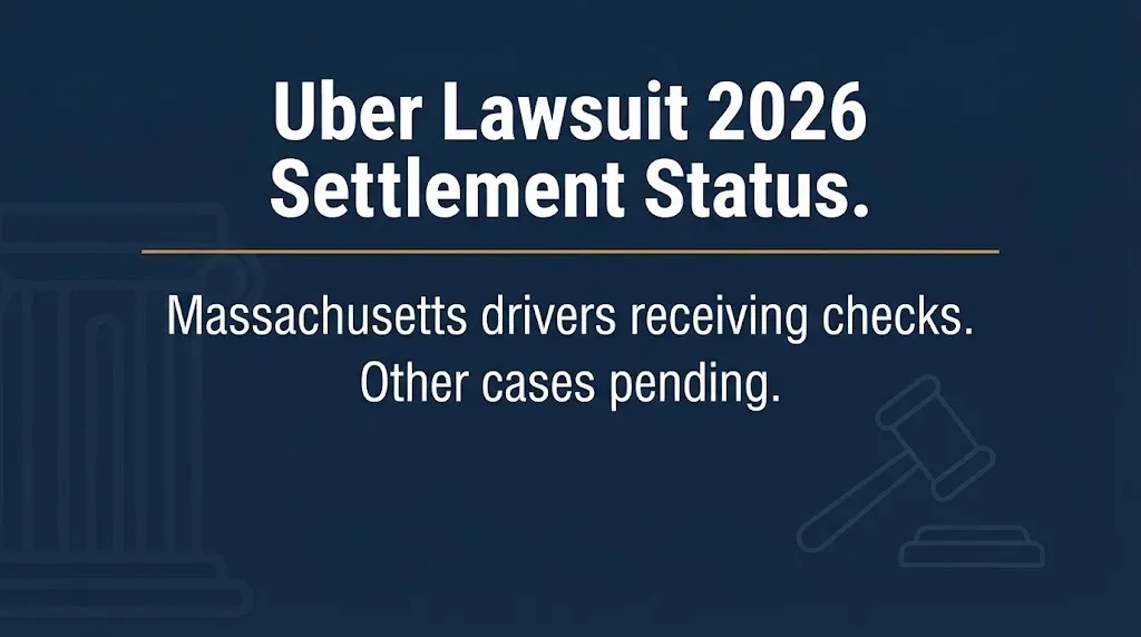 Uber lawsuit 2026 settlement status banner showing headline and Massachusetts payment update in navy and white.