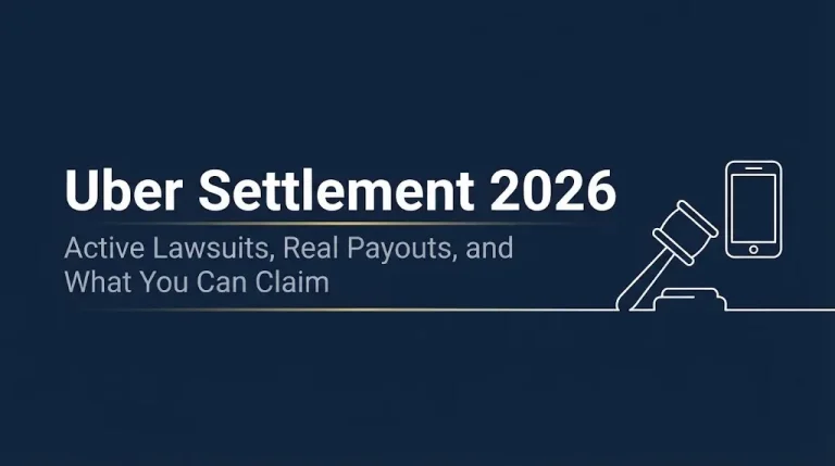Uber settlement 2026 banner showing active lawsuits and real payout information.