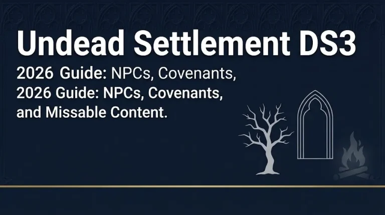 Undead Settlement DS3 2026 guide hero banner with gnarled tree and gothic arch imagery.