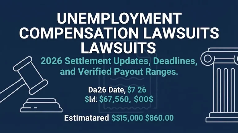 Unemployment compensation lawsuits 2026 settlement deadlines and payout ranges shown in a flat editorial legal infographic.
