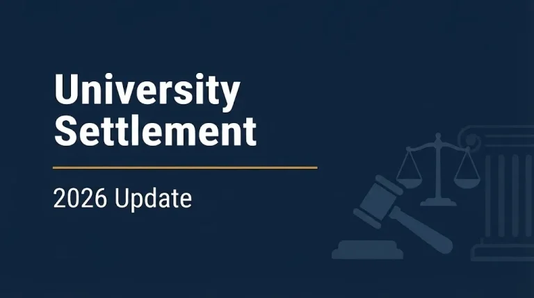University Settlement 2026 Update banner with gavel, scales, and university column illustration on navy background