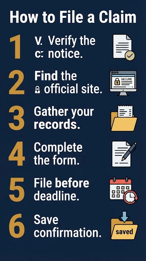 University settlement claim filing steps with six numbered actions on navy infographic