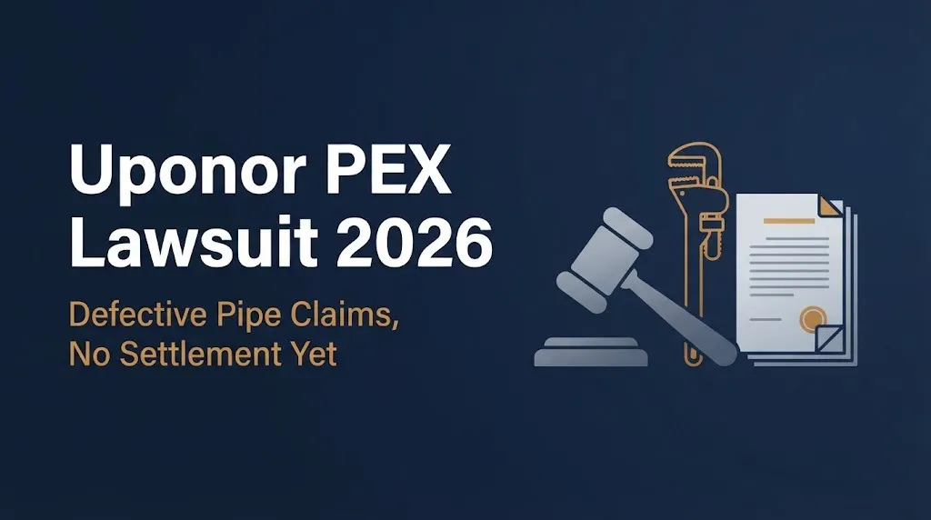 Uponor PEX lawsuit 2026 banner showing defective pipe claims with gavel and wrench graphics.