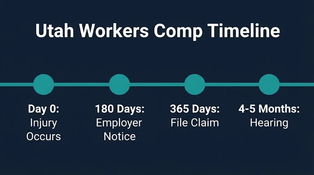 Utah workers compensation timeline showing 180-day notice and 365-day filing deadlines