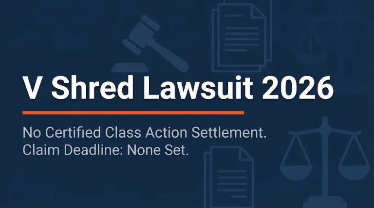V Shred lawsuit 2026 status banner showing no certified class action settlement and no claim deadline set.