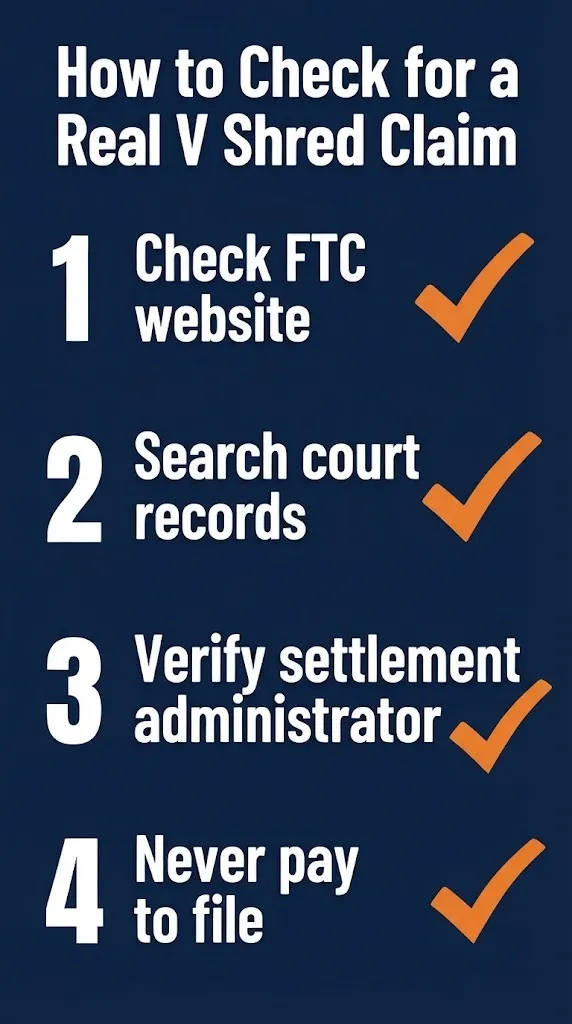 V Shred lawsuit claim checking steps showing FTC search, court records, administrator verification, and free filing.