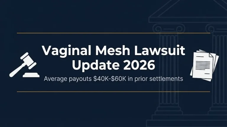 Vaginal mesh lawsuit 2026 update banner showing average payout range and legal symbols.