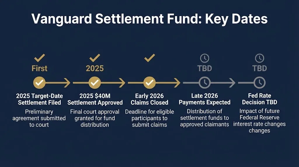 Vanguard settlement fund key dates timeline showing lawsuit milestones and Fed rate decisions.