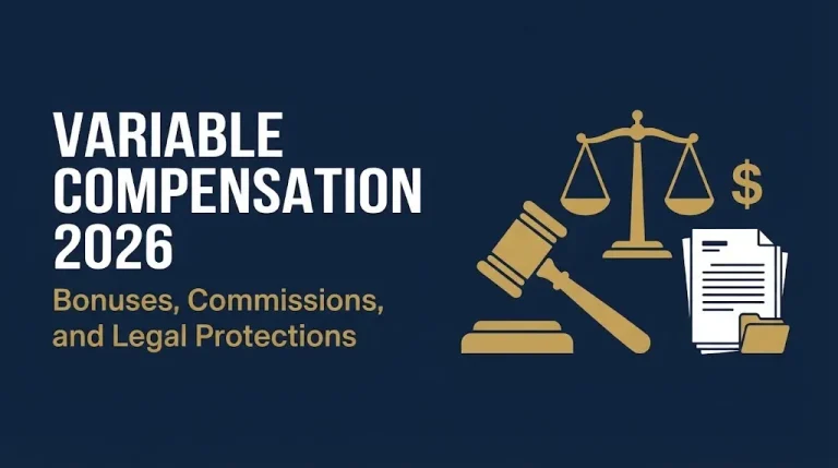 Variable compensation 2026 headline with gavel and dollar sign showing bonuses, commissions, and legal protections.