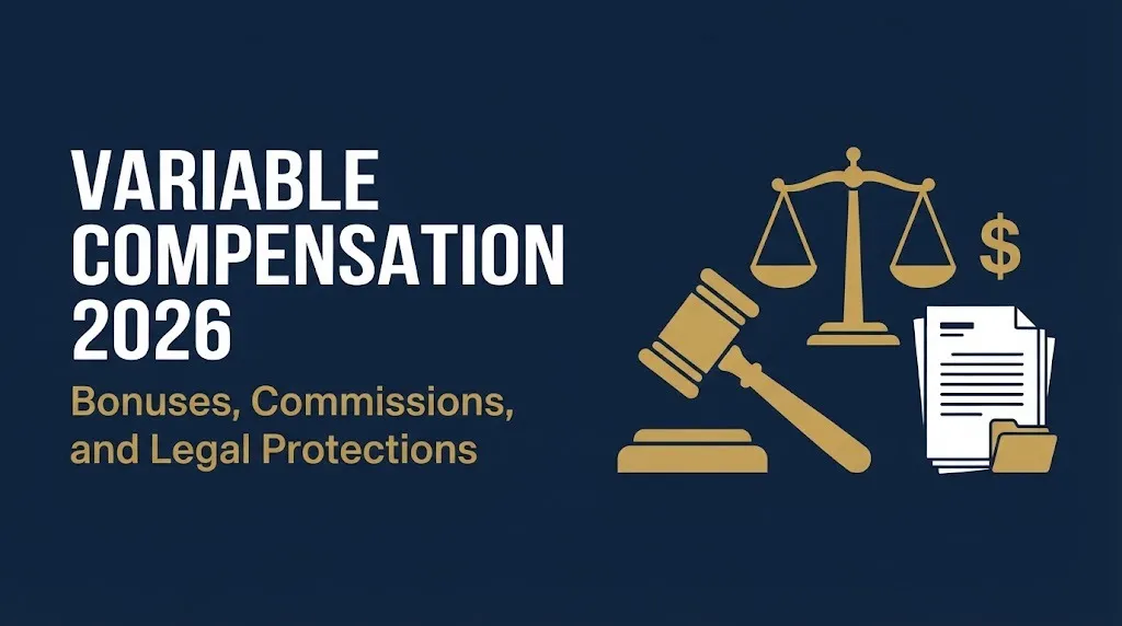 Variable compensation 2026 headline with gavel and dollar sign showing bonuses, commissions, and legal protections.