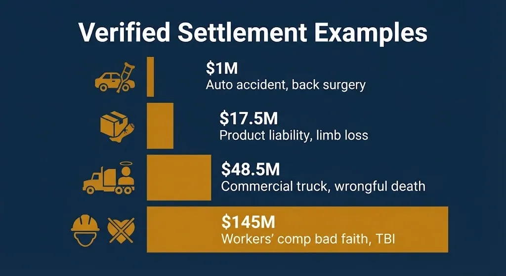 Verified personal injury settlement examples graphic showing amounts from $1M to $145M.