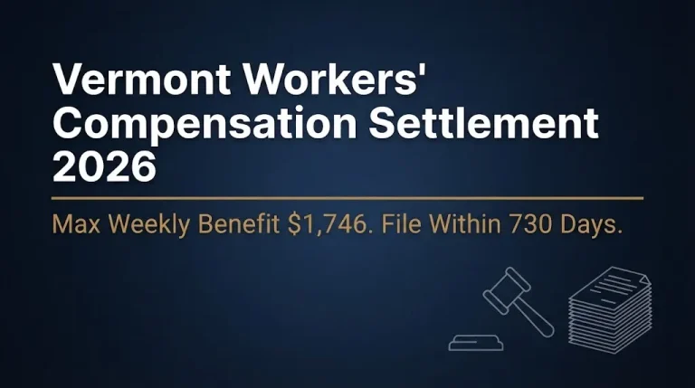 Vermont workers' compensation settlement 2026 banner showing $1,746 weekly benefit cap and 730-day deadline.