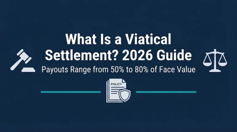 Viatical settlement 2026 guide banner with gavel and insurance policy graphics.