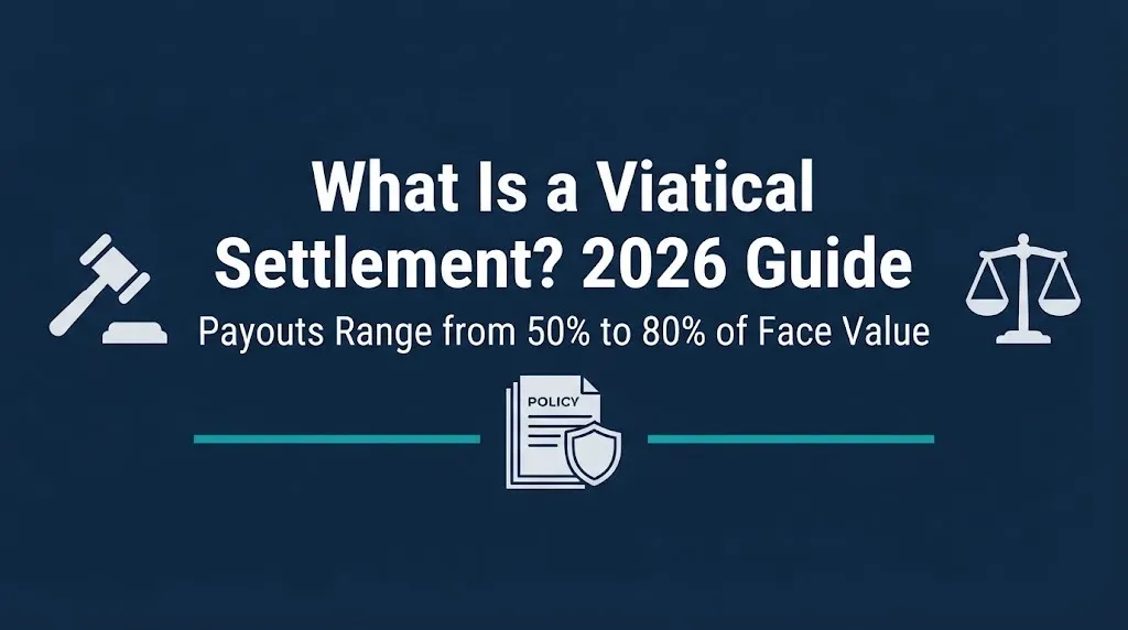 Viatical settlement 2026 guide banner with gavel and insurance policy graphics.