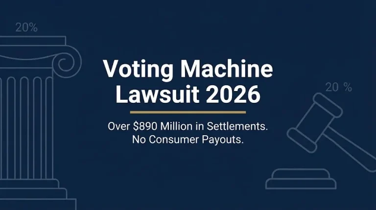 Voting machine lawsuit 2026 banner showing $890 million in settlements but no consumer payouts.