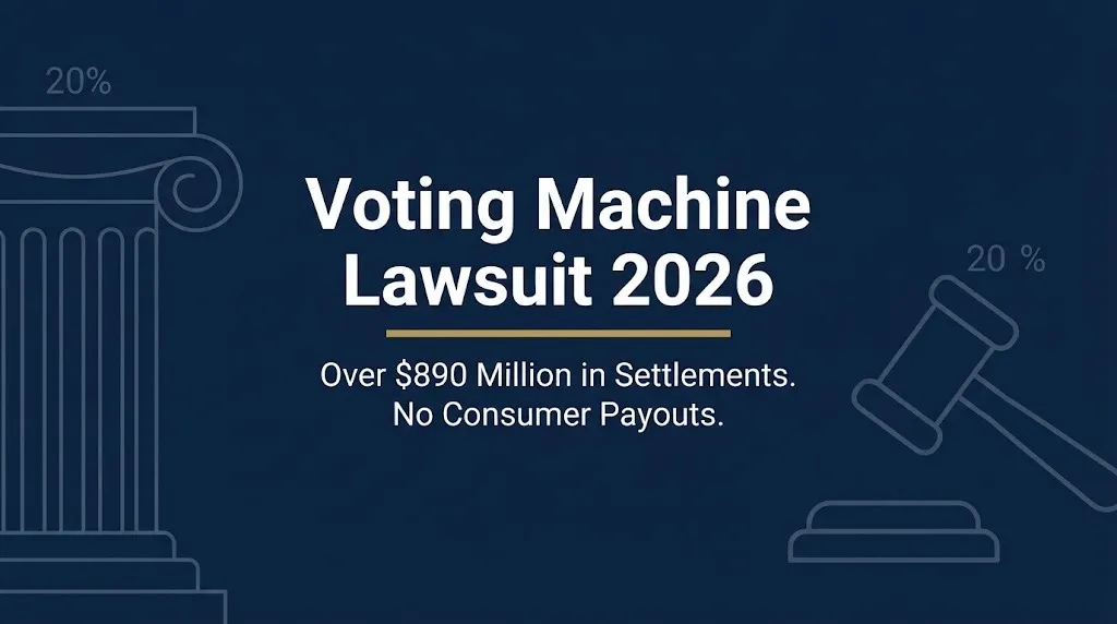 Voting machine lawsuit 2026 banner showing $890 million in settlements but no consumer payouts.