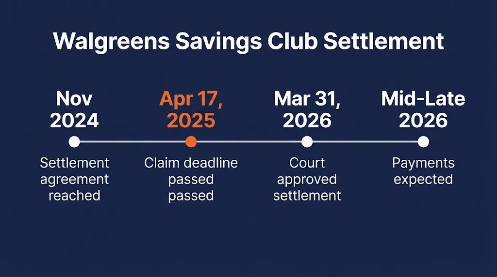 Walgreens Savings Club settlement timeline showing 2024 agreement, 2025 deadline, and 2026 approval.