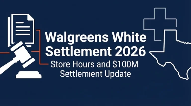 Walgreens White Settlement 2026 banner with gavel icon and store hours notice.