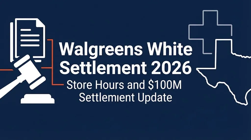 Walgreens White Settlement 2026 banner with gavel icon and store hours notice.