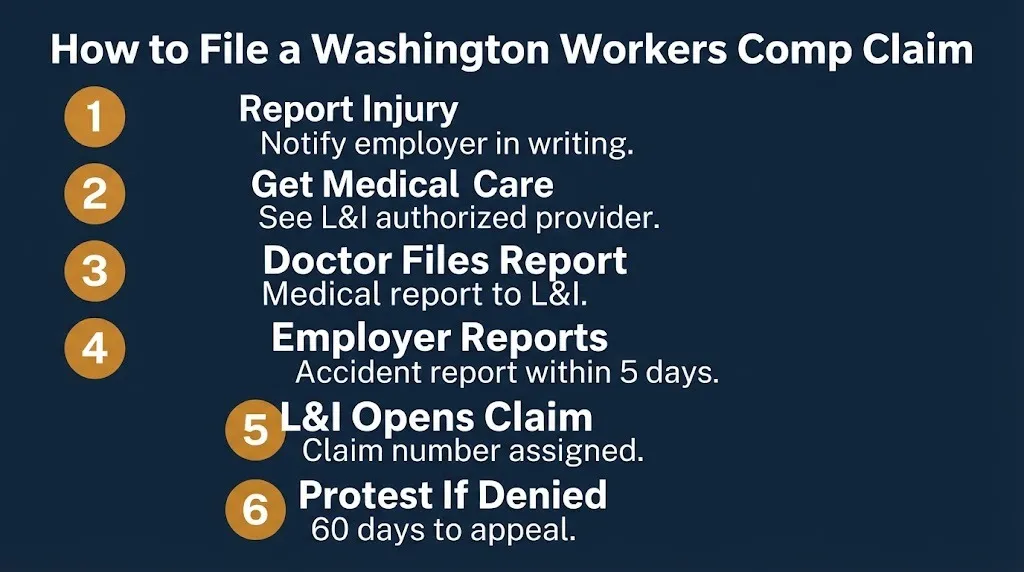 Washington workers compensation claim filing steps showing report, medical care, and L&I process.