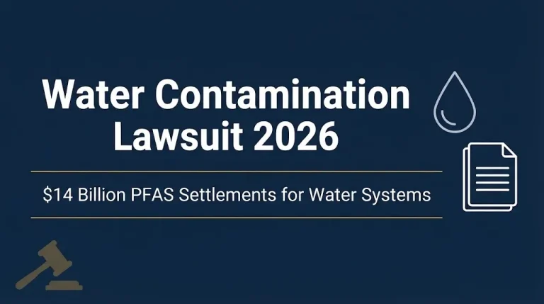 Water contamination lawsuit 2026 graphic showing $14 billion PFAS settlements for water systems.