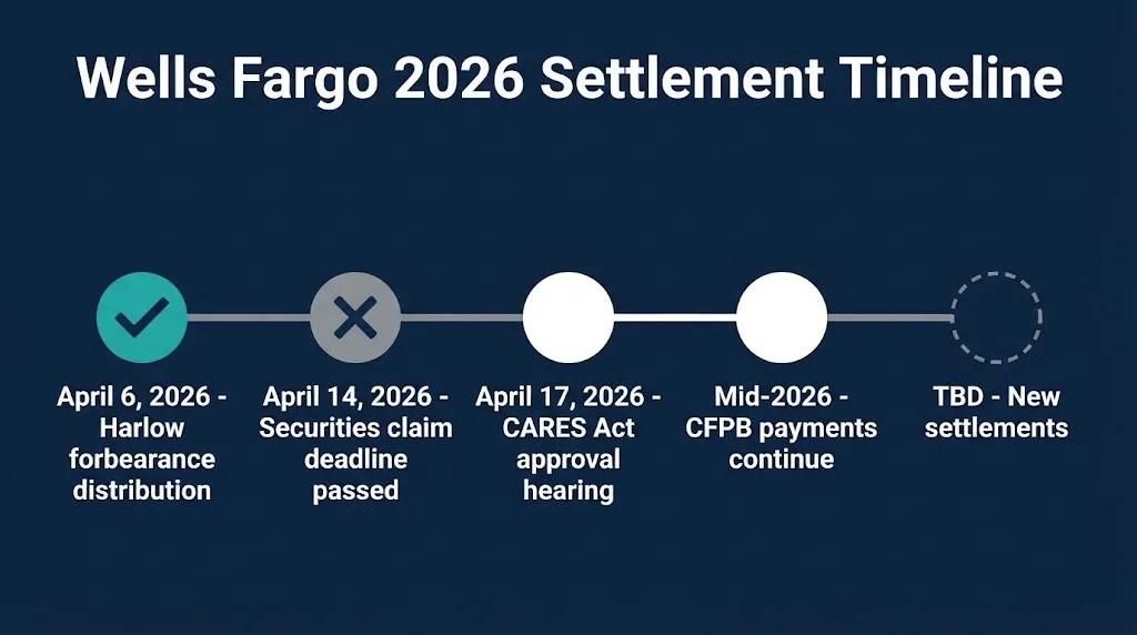 Wells Fargo settlement timeline from April 2026 distributions through mid-2026 CFPB payments.