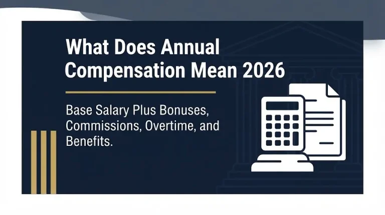 What annual compensation means in 2026 banner showing base salary plus bonuses commissions overtime and benefits.