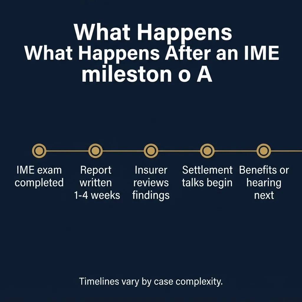 What happens after an IME timeline showing report, review, and settlement steps for workers comp.