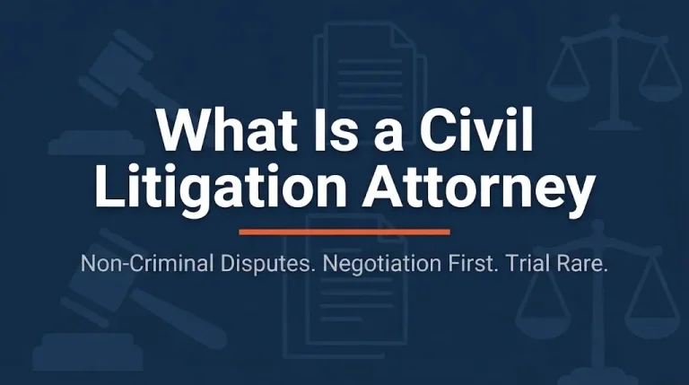 What is a civil litigation attorney 2026 banner showing non-criminal dispute representation facts.