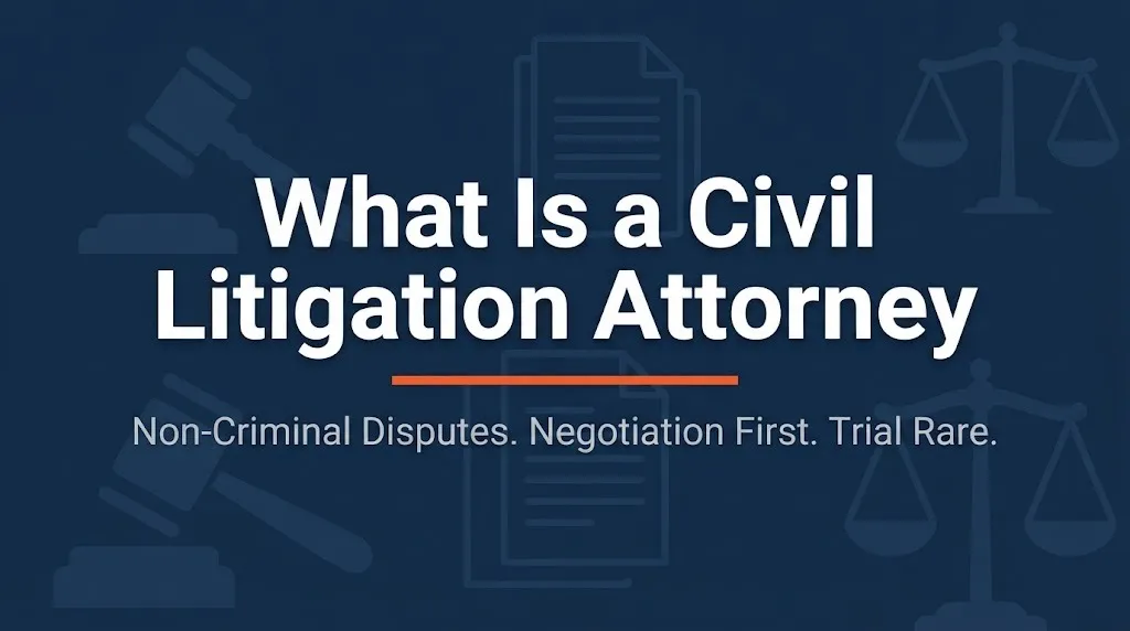 What is a civil litigation attorney 2026 banner showing non-criminal dispute representation facts.