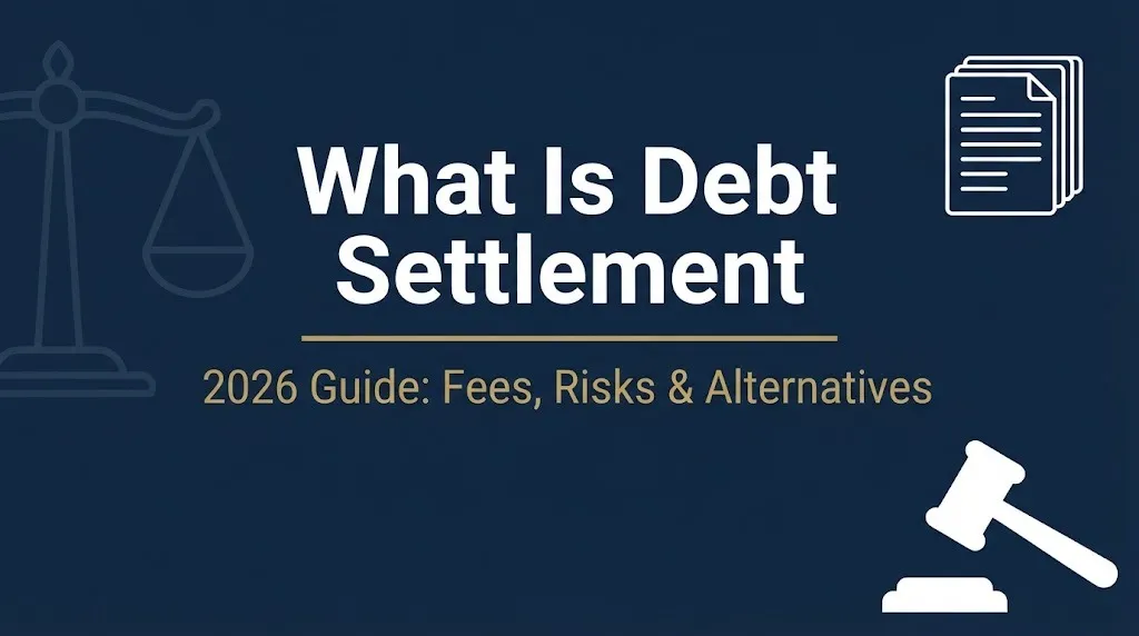 What is debt settlement 2026 guide banner showing fees, risks, and alternatives.