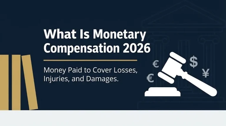 What monetary compensation means in 2026 banner showing money paid to cover losses injuries and damages.