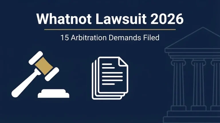 Whatnot lawsuit 2026 infographic banner with gavel and 15 arbitration demands filed